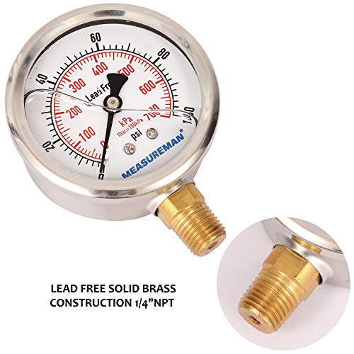 MEASUREMAN Lead-Free Pressure Gauge, 2-1/2inch Dial, Glycerin Filled, 0-100psi/kpa, Stainless Steel Case, 1/4inchNPT Lower Mount - size: 0-100 psi, style: Lower Mount(Lead-Free)