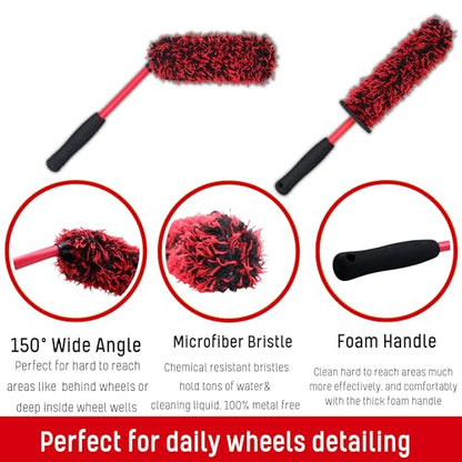 oesee Microfiber Wheel Brush Kit- Microfiber Wheel Brush, Long Handle Wheel Brush, Tire& Detailing Brush, Wheel Wash Mitt. Hands-On Wheel Detailing Kit for Daily Wheel Cleaning - color: Red/Black, size: 5-Pack