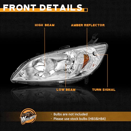 WEELMOTO Halogen Headlights Assembly for 2004-2005 Honda Civic 2/4Door - color: Clear Lens I Chrome Housing I Amber Reflector