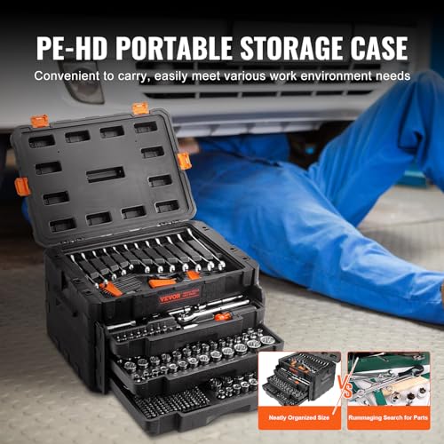 VEVOR Mechanics Tool Set and Socket Set, 1/4" 3/8" 1/2" Drive Deep and Standard Sockets, 450 Pcs SAE and Metric Mechanic Tool Kit with Bits, Hex Wrenches, Combination Wrench, Accessories, Storage Case