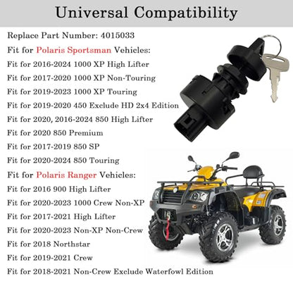 4015033 Ignition Key Switch, 3 Position 4 pins for Polaris Sportsman 450 850 1000XP Ranger 1000 1000XP Scrambler 850 - size: 4015033