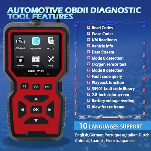 2025 New OBD2 Scanner Diagnostic Tool - Check Engine Light Code Reader with Reset, Battery Voltage Tester, Modes 6 & 8, Suitable for All OBD II Protocol Car & Truck Since 1996 - color: Red