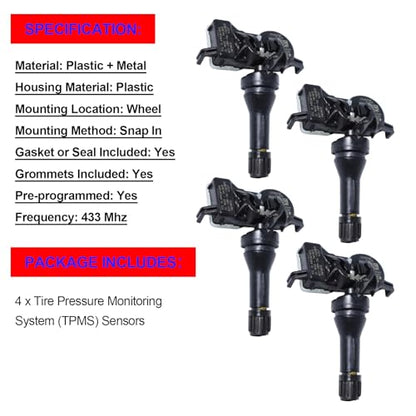 SMMS TPMS Sensor 68252493AB 433Mhz for Jeep Grand Cherokee Compass 4Pack