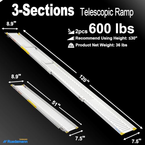 Ruedamann 10FT Telescopic Wheelchair Ramp with Handle, 8.9" Wide, 2PCS - color: Silver, size: 10FT x 8.9'' W
