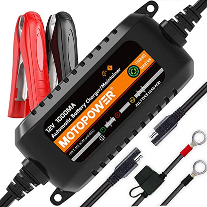 MOTOPOWER MP00205B 12V 1000mA Automatic Battery Charger, Battery Maintainer, Trickle Charger, and Battery Desulfator with Timer Protection - Black Edition - color: b) - Black