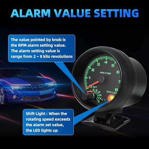 MH 3.75" 95mm Tachometer 0-8000 Large RPM Gauge 7 Color Car AUTO Tacho Shift Light with Dashboard Pod (Black) - color: Black