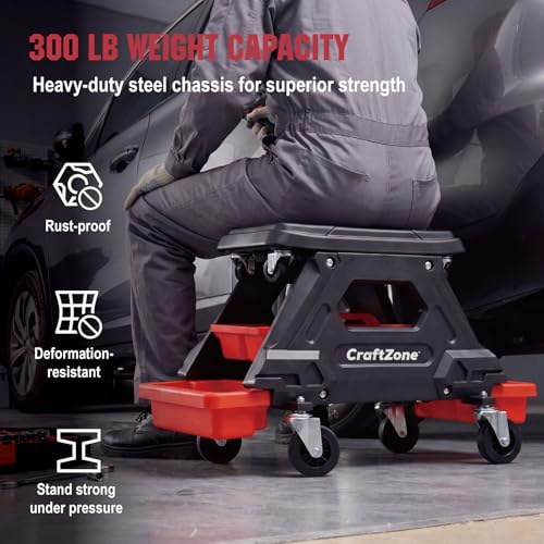 2-in-1 Mechanic Rolling Stool – Detachable Seat with 2 Height Options (High/Low), 300 LBS Heavy Duty Roller Cart, 360° Swivel, Locking Casters & Removable Storage Trays for Garage & Workshop