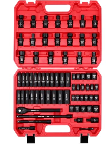 71-Piece 3/8" Drive Master Impact Socket Set, SAE and Metric, 5/16"- 3/4", 8mm - 22mm, Cr-V, Cr-MO, Universal Joint Deep Standard Sockets with Ratchet Handle, Swivel Sockets, Extension Bars, Adapters - style: 3/8"Master (71 PCS）