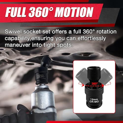 15PCS 3/8" Drive Shallow Universal Impact Socket Set,Swivel Socket Set,Metric Flexible Wobble Sockets, CR-MO,8-22mm, 6 Point - size: 15 PCS (5/16"-7/8")