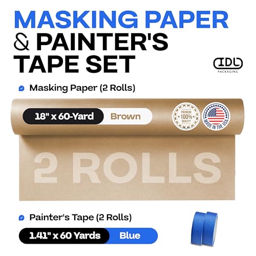 IDL Packaging Masking Paper Set: 18" x 60 Yards Brown Masking Paper (2 Rolls) + 1.41" x 60 Yards Blue Painter’s Tape (2 Rolls) - Masking Kit for Painting and Home Improvements - Surface Protection - color: 18"x180', Brown, size: 2 Rolls + Tool
