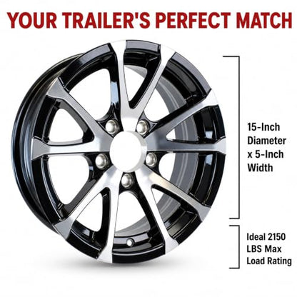 eCustomrim 2-Pack Aluminum Trailer Wheel 15X5 5 Lug T07 V-Spoke Black Rim