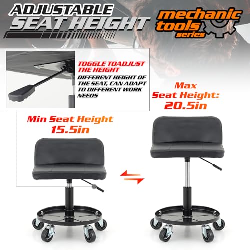 M-AUTO Padded Seat Mechanic Stool with Wheels, 16”-21” Height Adjustable Swivel Mechanics Seat with Tool Tray Storage for Garage and Garden, 300lbs Capacity - size: 21" Round