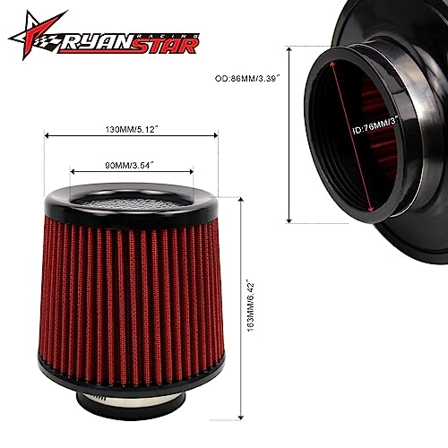 RYANSTAR RACING 3 Inch Cone Air Filter 76mm High Flow 163mm Tall - color: red, size: 3" Short