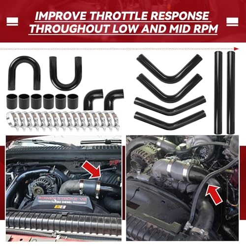 2.5" Universal Aluminum Turbo Intercooler Piping U-Pipe Kit 600mm Aluminum Pipe + 8 Elbow Hose+ 16 Clamps Kit 8PCS - Black - color: Black, size: 2.5"-60cm