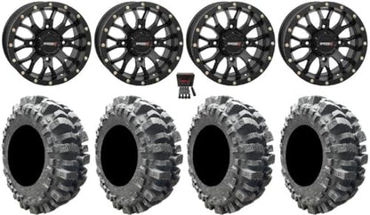 Bundle - 9 Items: System 3 ST-3 Black 14" Wheels 30" Bogger Tires [4x156 Bolt Pattern 12mmx1.25 Lug kit]