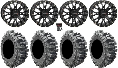 Bundle - 9 Items: System 3 ST-3 Black 14" Wheels 30" Bogger Tires [4x156 Bolt Pattern 12mmx1.25 Lug kit]