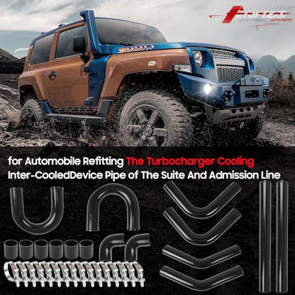 3" Universal Intercooler Kit Aluminum Turbo Intercooler Piping U-Pipe Kit with Coupler and T-Clamps DIY Custom Pipe 32Pcs-Black - color: Black, size: 3"-60cm