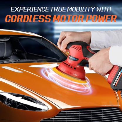 Protmex Cordless Car Buffer Polisher w/ 2x2000mAh 21V Batteries, Red - color: Red