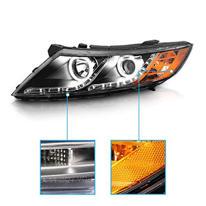 AmeriLite for 2011-2015 Kia Optima Halogen Model Xtreme LED Halo Rings Projector Black Replacement Headlights Set - Driver and Passenger Side - color: Black