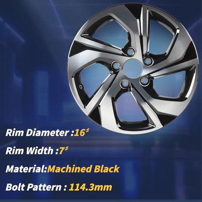 New Single 16x7 Inch 16 Inch 16" Aluminum Alloy Wheel Rim Fits For 2016 2017 Honda Accord, OE Direct Fit Replacement Rim, Machined Black, 64078