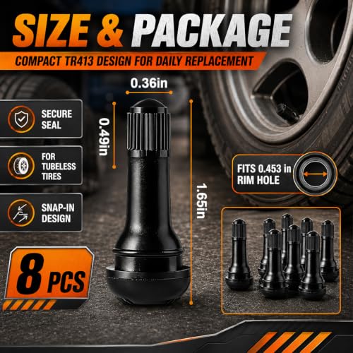8PCS TR413 Tubeless Tire Valve Stems, Rubber Snap-in Automotive Valve Stem Replacement Kit, Universal Vehicle Tires Valves Stems Accessories for 0.453 inches 11.5mm Rim Holes(TR413) - size: TR413