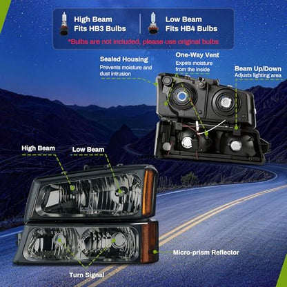 AUTOSAVER88 Headlights Assembly Compatible with 2003-2006 Chevy Silverado Avalanche 1500 1500HD 2500 2500HD 3500 Black Housing Amber Reflector - color: Black Housing Amber Reflector Smoke Lens