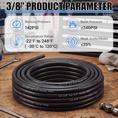 Outus 3/8",50ft EPDM Heater Hose, 85PSI Black Coolant Hose Automotive - size: 3/8",50FT