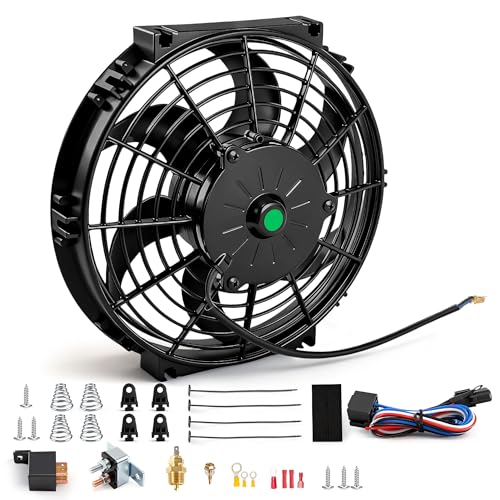 10 inch Slim Fan Push Pull Electric Radiator Cooling Fan 12V 80W with Thermostat Wiring Switch Relay Kit Black - size: 10 Inch