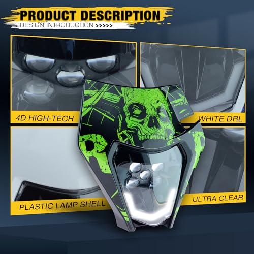 Dirt Bike Led Headlight Motorcycle 2020-2022 Enduro Headlight Kit for EXC EXCF SX SXF XC XCF XCW XCFW (Black-Green Skull) - color: Black-Green Skull