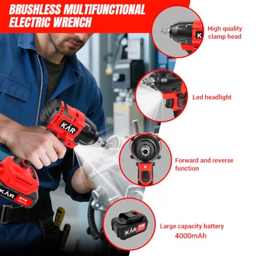 Karramlili 21V Brushless Impact Wrench 650Nm – 1/2" Cordless Impact Gun with 2x 4000mAh Batteries, Variable Speed 0-3000 RPM, 2-in-1 Impact Wrench & Drill, LED Light, Heavy Duty for Truck & Automotive