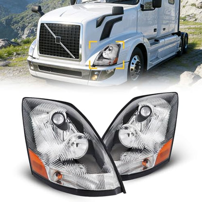 Headlight Assembly, for 2004-2017 Volvo VNL (includes all bulbs), containing driver's side left headlight assembly and passenger's side right headlight assembly
