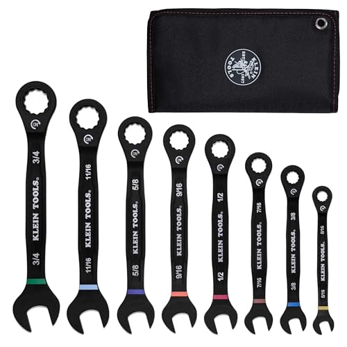 KLEIN TOOLS 69408G Ratcheting Combination Wrench Set, SAE, 8-Piece, 90-Tooth Ratchet, I-Beam Handle, Color-Coded Size Markings, Roll Pouch Storage