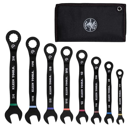 KLEIN TOOLS 69408G Ratcheting Combination Wrench Set, SAE, 8-Piece, 90-Tooth Ratchet, I-Beam Handle, Color-Coded Size Markings, Roll Pouch Storage