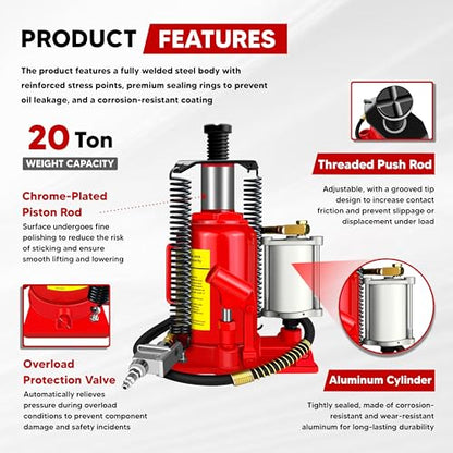 Air Hydraulic Bottle Jack with Color Box, 20 Ton (40,000 lbs) Cap Welded Pneumatic Bottle Jack, 10-1/4-20 inch Lifting Range, Manual Handle and Air Pump, for Car, Pickup, Truck, RV, Auto Repair
