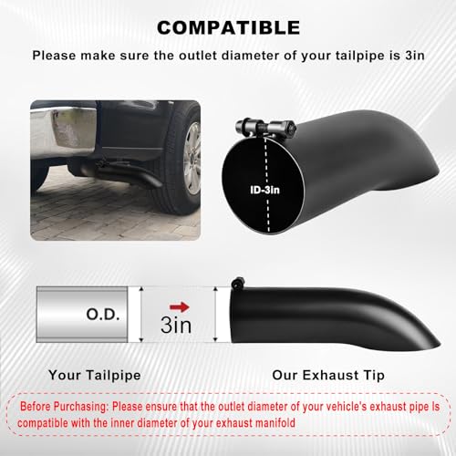 Mupera Universal 3" Turn Down Exhaust Tip, 3" Outlet, 12" Long - size: 3" Inlet 3" Outlet 12" Length Black