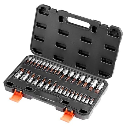 VEVOR Torx Bit Socket Set, 34-Piece Solid Star and Tamper Proof T6-T70, S2 Alloy Steel and Cr-V Steel, 1/4 in, 3/8 in, and 1/2 in Drives, with Enhanced Storage Case, Torx Sockets for Hand Use - size: 33 PCS