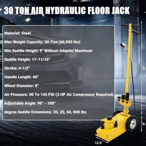 GarveeTech 30 Ton Air Hydraulic Floor Jack for Heavy Duty Trucks & Tractors – Low Profile (9"-17.7"), 4 Adapters, 46" Adjustable Handle – 66,000 Lbs Capacity - color: 30 Yellow