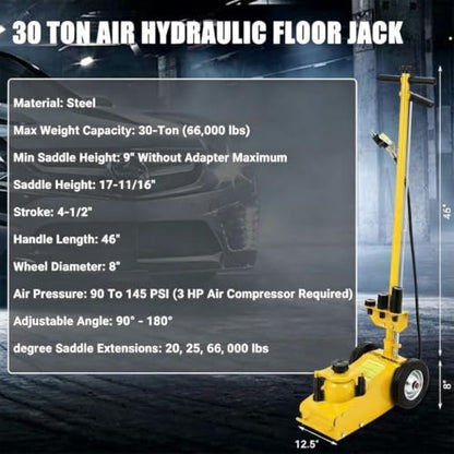 GarveeTech 30 Ton Air Hydraulic Floor Jack for Heavy Duty Trucks & Tractors – Low Profile (9"-17.7"), 4 Adapters, 46" Adjustable Handle – 66,000 Lbs Capacity - color: 30 Yellow