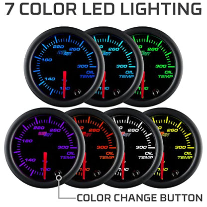 GlowShift Black 7 Color 300F Oil Temperature Gauge Kit, 2-1/16" 52mm