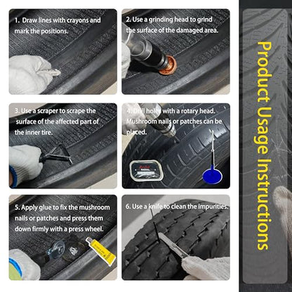 Tire Repair Patch Tools Complete Kit - 42mm Steel Buffing Wheel, HSS Drill Bits (3/4.5/6mm), Utility Knife & Wax Marker for Tire Grinding, Polishing and Plug Installation(HT-M07)
