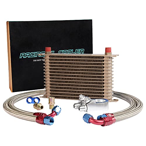 PIT66 Universal AN10 Engine Transmission Oil Cooler Compatible with Japanese Model Gold 15 Row Aluminum with Filter Relocation Kit C Set - color: Gold, size: 15 Row Japanese Model-C Set