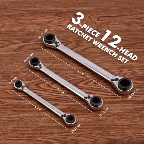 4 IN 1 Ratcheting Wrench Set, Reversible Ratchet Wrench Set Double Tool Box Set Metric 8-19mm 3 Pieces