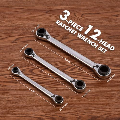 4 IN 1 Ratcheting Wrench Set, Reversible Ratchet Wrench Set Double Tool Box Set Metric 8-19mm 3 Pieces