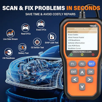 BluSon YM319 OBD2 Scanner Diagnostic Tool with Battery Tester, Scan Tool - color: Orange