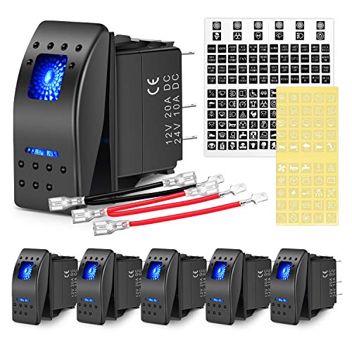 Nilight 6PCS 5PIN SPST Rocker Switches with 6 Sets Jumper Wires Set 20A/12V 10A/24V On/Off Toggle Switches with Night Glow Sticker for Trucks Boats Auto Motorcycles,2 Years Warranty (90131F) , Blue - color: Blue 6 PCS