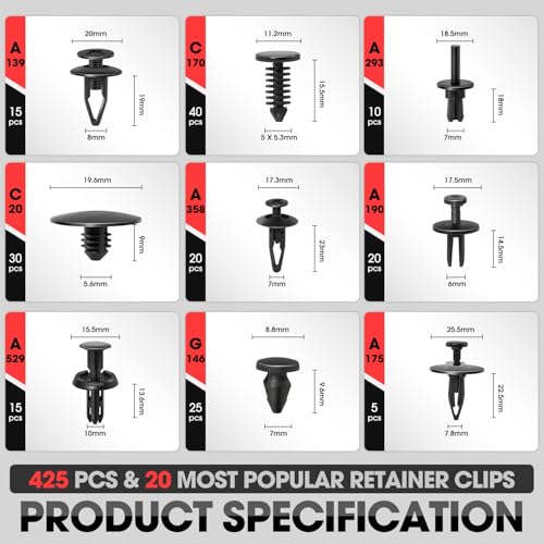 DNA Motoring 425pcs Car Push Retainer Clips, Plastic Bumper Clip Fender Clip, Door Trim Panel Clips, Bumper Fender Rivets Fasteners Push Retainer Kit for Ford, GM, Chrysler, Toyota, TOOLS-00733 - style: 425pcs