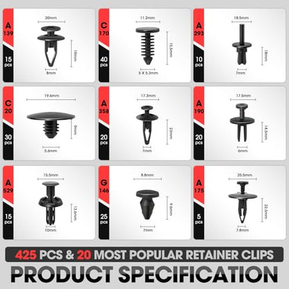DNA Motoring 425pcs Car Push Retainer Clips, Plastic Bumper Clip Fender Clip, Door Trim Panel Clips, Bumper Fender Rivets Fasteners Push Retainer Kit for Ford, GM, Chrysler, Toyota, TOOLS-00733 - style: 425pcs