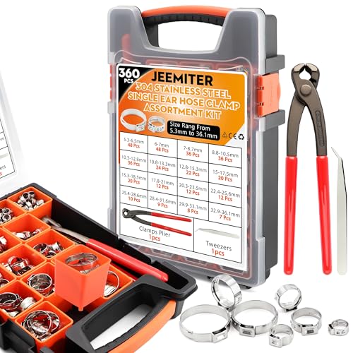 360PCS Single Ear Hose Clamp Kit,16 Sizes 5.3-36.1mm 304 Stainless Steel with Crimping Pliers,Oetiker Style Crimp Clamp for Fuel Lines,Marine,Home Plumbing,Automotive,HVAC