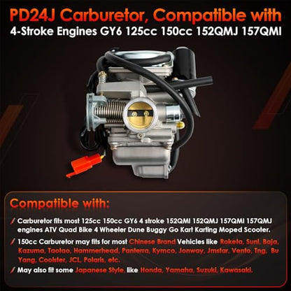 PD24J Carburetor, Fit For 125cc 150cc ATV Moped Scooter Engine 4Stroke GY6 - size: Carburetor Only