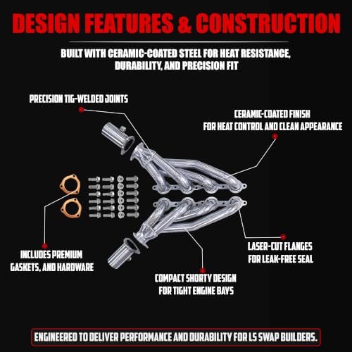 LS Swap Ceramic Coated Shorty Headers High Performance Thermal Barrier Coating Block Hugger Exhaust Headers MLS & Copper Gaskets 2.5 Inch 3 Bolt Collectors Fits 4.8 5.3 6.0 LS1 LS2 LS3 S10 C10 K10